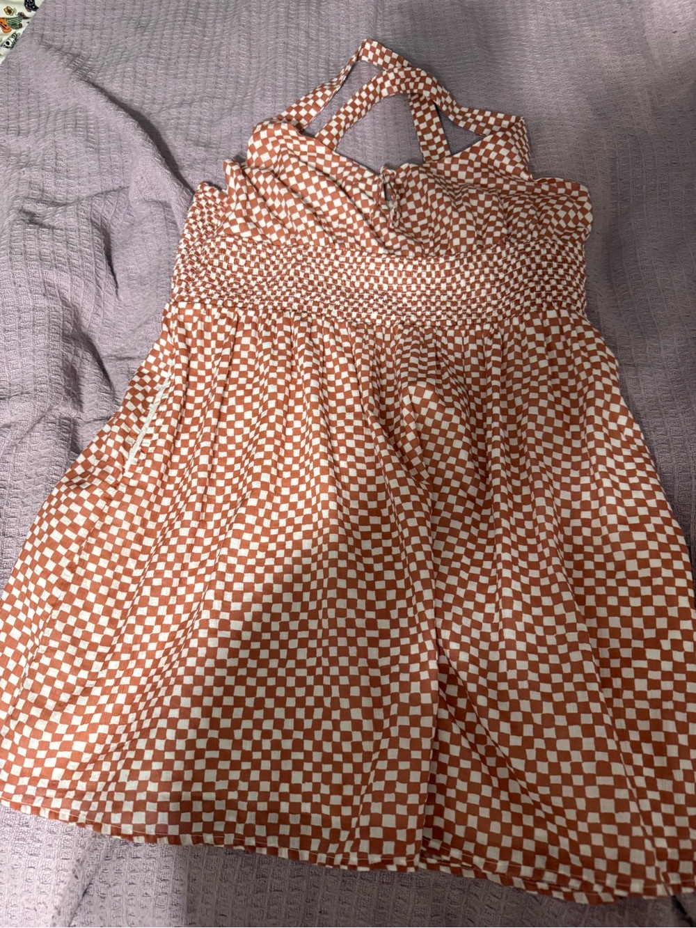 American Eagle Outfitters Rust and White Checker Smocked Top